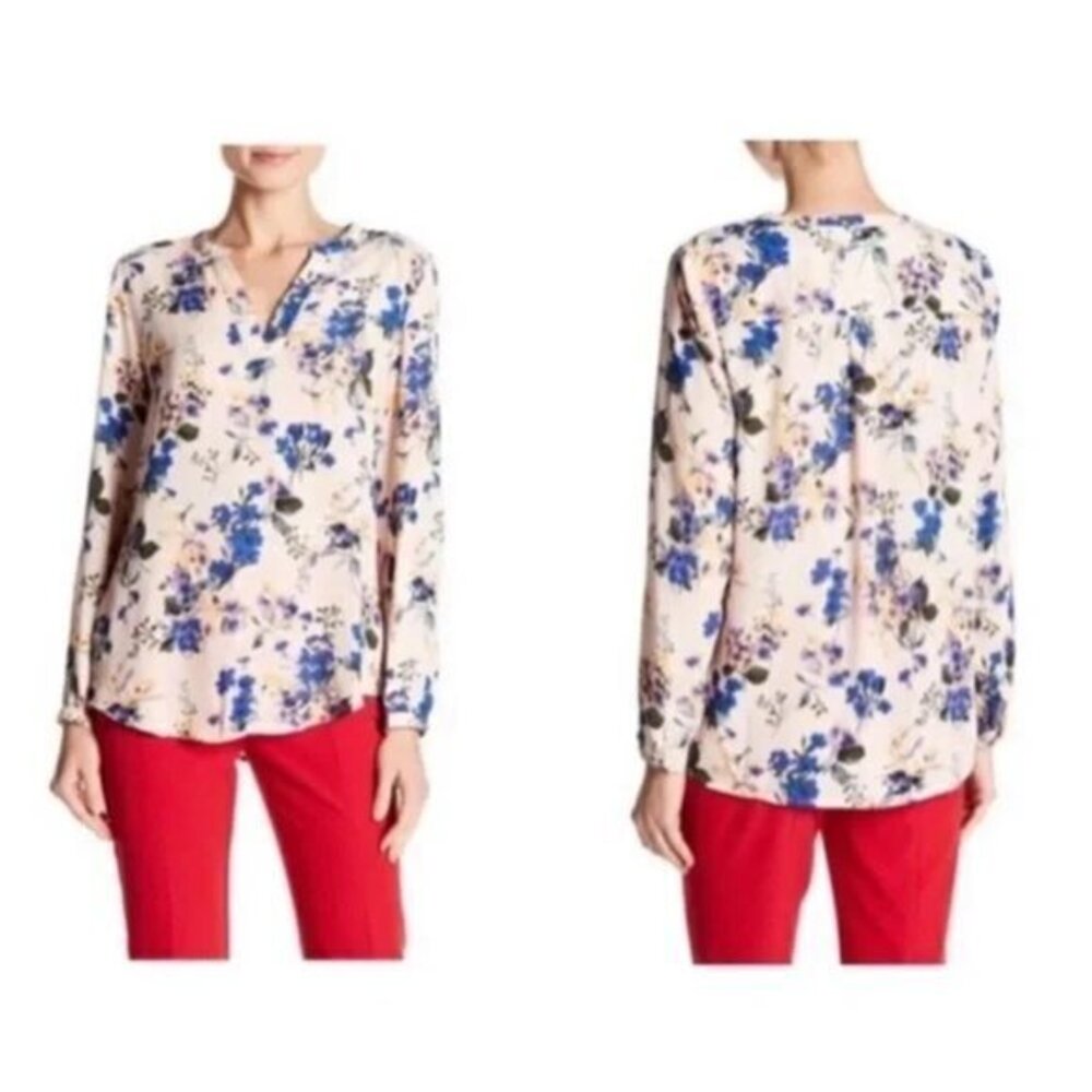 Adrianna Papell Split Neck Long Sleeve Floral Georgette Blouse-‎ Size Large